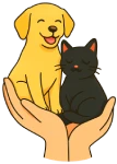 ilustración de adopción resposanble con perro y gato en manos protectoras