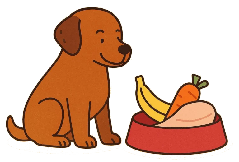 Ilustración de un perro junto a un platro rojo que contiene una banana, una zanahoria y un trozo de carne cocina sin hueso. Imagen representativa de alimentos naturales permitidos para perros