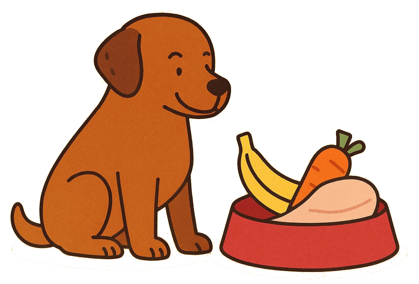 Ilustración de un perro junto a un platro rojo que contiene una banana, una zanahoria y un trozo de carne cocina sin hueso. Imagen representativa de alimentos naturales permitidos para perros