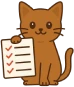ilustración de un gato marrón con una lista de consejos, representando recomendaciones generales para dueños de gatos