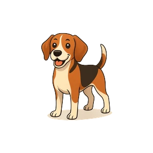 Ilustración en estilo caricatura de un perro Beagle adulto de pie, con expresión simpática y pelaje tricolor. Imagen representativa de razas de perros medianos.