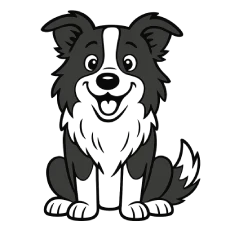Ilustración en estilo caricatura de un Border Collie sentado de frente, con expresión alegre, orejas erguidas y pelaje blanco y negro, sobre fondo transparente