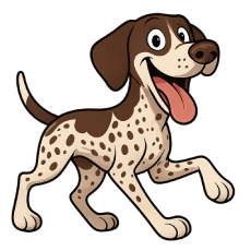 Ilustración caricaturesca de un Braco Alemán de pelo corto, con expresión alegre y postura activa, sobre fondo transparente