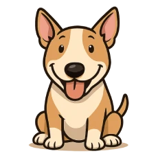 Ilustración en caricatura de un bull terrier feliz, sentado de frente, con expresión alegre y fondo transparente