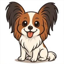 Ilustración en estilo caricatura de un perro Papillón blanco y marrón, sentado y mirando de frente con expresión feliz. Tiene orejas grandes en forma de mariposa, ojos brillantes y lengua afuera. Fondo transparente.