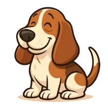 Ilustración en caricatura de un perro Basset Hound con expresión feliz y tranquila, sentado con orejas largas y cuerpo marrón y blanco sobre fondo transparente
