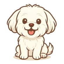 Ilustración en caricatura de un perro Maltés mini, sentado y mirando de frente con expresión alegre. Fondo transparente.