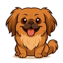 Ilustración en caricatura de un perro pequinés dorado, sentado de frente con expresión alegre, ojos grandes y lengua afuera, sobre fondo transparente.