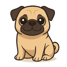 Ilustración en caricatura de un pug alegre, sentado y mirando de frente, con expresión simpática y fondo transparente