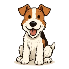Ilustración en caricatura de un fox terrier de pelo duro, sentado de frente, con expresión feliz y pelaje áspero visible en hocico, patas y cuerpo. Fondo transparente.