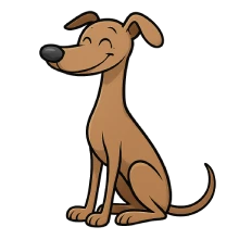 Ilustración digital de un galgo en estilo caricatura, sentado con expresión feliz y tranquila, orejas caídas y ojos cerrados en gesto de alegría. Fondo transparente.