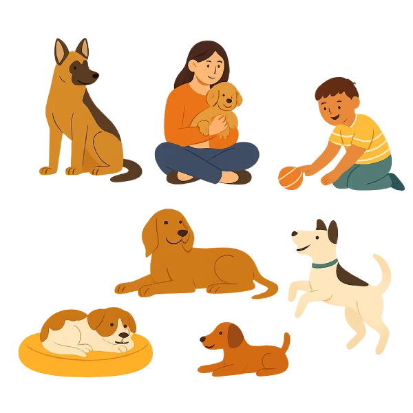 Ilustración digital de seis perros con distintas características: guardianes, de compañía, para niños, tranquilos, activos y aptos para departamento. Imagen representativa de la entrada sobre razas de perros por característica.