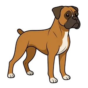 Ilustración en estilo caricatura de un Boxer fawn de pie con expresión alerta, representando razas de perros grandes fuertes y leales.