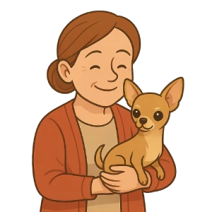 Ilustración de una mujer de mediana edad sosteniendo un Chihuahua mini. Imagen representativa de razas de perros mini, ideales como compañía liviana y afectuosa