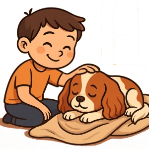 Ilustración en estilo caricatura de un niño acariciando a un Cavalier King Charles Spaniel dormido sobre una manta suave, representando perros tranquilos y afectuosos.