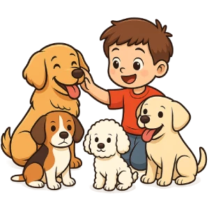 Ilustración en estilo caricatura de un niño feliz acariciando a un Golden Retriever, rodeado por un Beagle, un Caniche blanco y un Labrador, razas de perros ideales para niños.