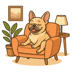 Ilustración en estilo caricatura de un Bulldog Francés relajado en un sillón naranja dentro de un departamento moderno, imagen representativa de perros para departamentos.