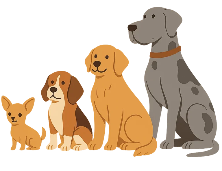 Ilustración de cuatro perros de distintos tamaños: mini, pequeño, mediano y grande. Imagen representativa para elegir una raza de perro según su tamaño.