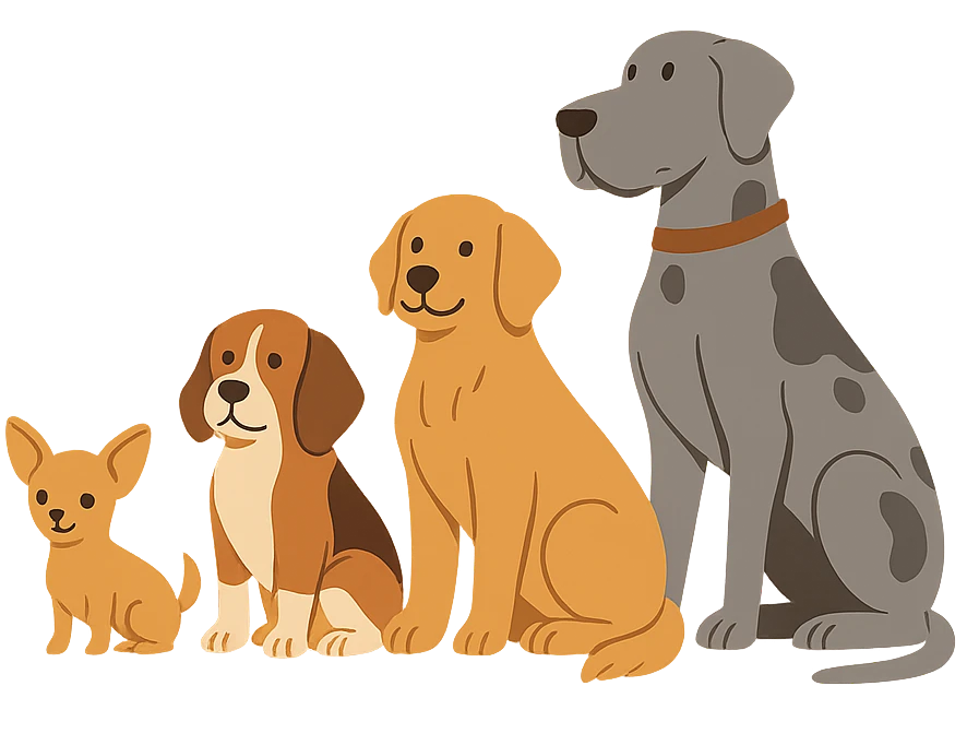 Ilustración de cuatro perros de distintos tamaños: mini, pequeño, mediano y grande. Imagen representativa para elegir una raza de perro según su tamaño.