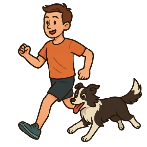 Ilustración en estilo caricatura de un hombre joven corriendo junto a un Border Collie, representando perros activos y energéticos.