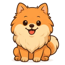 Ilustración digital de un perro Pomerania estilo caricatura, sentado y mirando al frente con expresión alegre. Su pelaje es esponjoso en tonos naranja y crema, con ojos grandes y brillantes, orejas puntiagudas y una sonrisa encantadora. Fondo transparente.