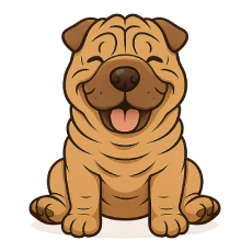 Ilustración en caricatura de un perro Shar Pei sentado de frente, con expresión alegre y fondo transparente