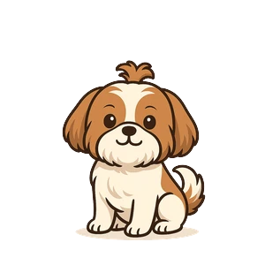 Ilustración digital en estilo caricatura de un Shih Tzu de pie, con expresión simpática y pelaje largo. Imagen representativa de razas de perros pequeños.