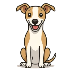 Ilustración en caricatura de un whippet sentado de frente con expresión alegre, fondo transparente