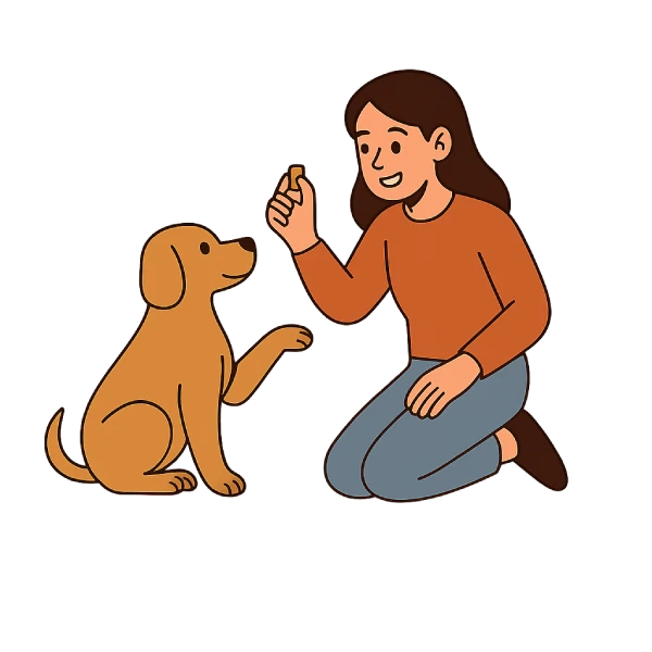 Ilustración de una persona entrenando a su perro con refuerzo positivo. Imagen representativa del adiestramiento positivo para perros.