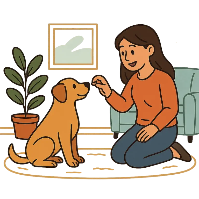 Ilustración de una mujer enseñándole a su perro a sentarse en casa usando una golosina como recompensa. Imagen representativa de adiestramiento canino positivo en un ambiente hogareño.