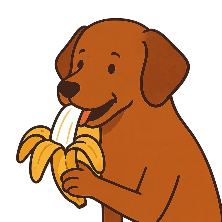 Ilustración de un perro marrón comiendo banana, estilo caricatura. Imagen destacada del artículo sobre si los perros pueden comer banana