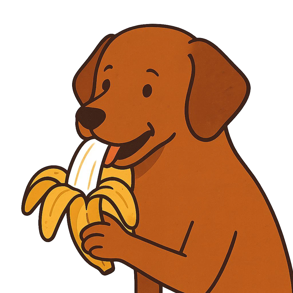 Ilustración de un perro marrón comiendo banana, estilo caricatura. Imagen destacada del artículo sobre si los perros pueden comer banana