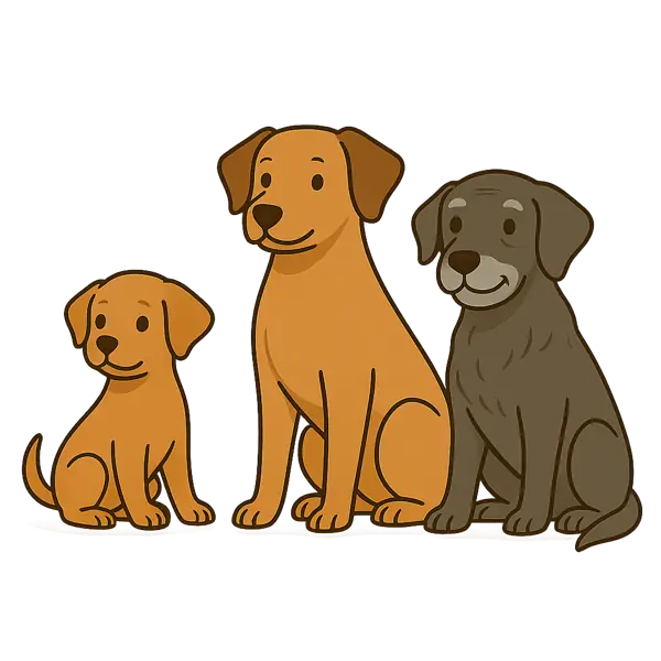 Ilustración de un cachorro, un perro adulto y un perro mayor, en diferentes etapas del desarrollo. Imagen representativa de cuándo empezar a educar a un perro.