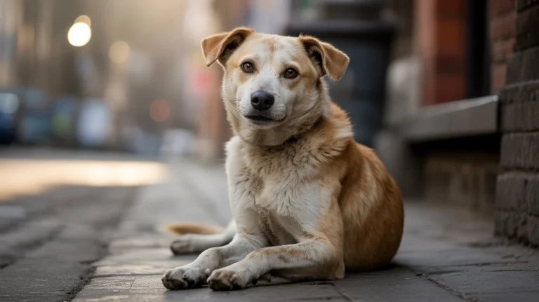 Perro callejero en la calle mirando con esperanza