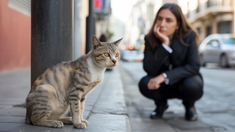 Gato en la calle observado por una persona pensativa