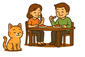 Ilustración de un gato sentado tranquilamente en el suelo mientras una pareja come en la mesa. Representa un ejemplo de buen comportamiento felino durante las comidas.