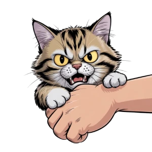 Ilustración de estilo caricaturesco que muestra a un gato mordiendo suavemente una mano humana mientras lo acarician. Imagen sin fondo, optimizada para entrada sobre comportamiento de gatos.