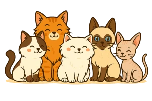 Ilustración estilo dibujo animado que muestra a las cinco razas de gatos más cariñosas: Ragdoll, Maine Coon, Siamés, Persa y Esfinge, todas juntas sobre fondo blanco