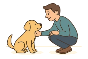 Ilustración animada de un hombre saludando a su perro con alegría al llegar a casa, en estilo plano y fondo claro