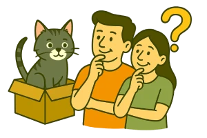 Caricatura de una pareja observando a un gato dentro de una caja, acompañados por un signo de pregunta que simboliza la reflexión previa a adoptar una mascota
