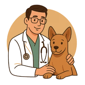 Ilustración de un perro contento sentado en una camilla mientras una veterinaria lo revisa en un consultorio. Imagen representativa de controles veterinarios y vacunas en perros.