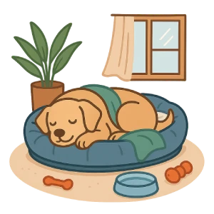 Perro durmiendo en su cama con manta, en un entorno limpio y saludable. Imagen sobre cuidados y salud del perro.