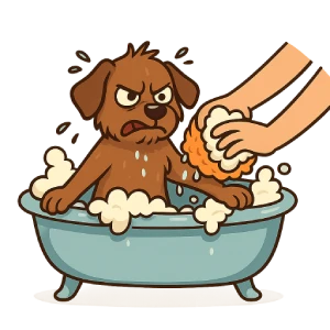 Ilustración de un perro enojado dentro de una bañera mientras una persona lo baña con esponja. Imagen representativa de cómo bañar a un perro que no se deja.