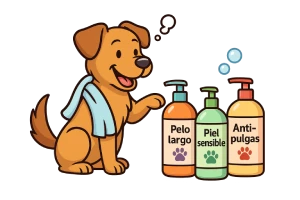 Ilustración de un perro contento con una toalla eligiendo entre tres frascos de shampoo etiquetados como pelo largo, piel sensible y antipulgas. Imagen representativa de cómo elegir el mejor shampoo para perros.