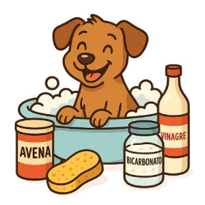 Ilustración de un perro contento en la bañera rodeado de ingredientes caseros como avena, bicarbonato y vinagre. Imagen representativa de con qué bañar a un perro si no tenés shampoo.