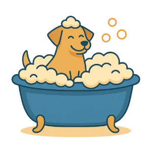 Ilustración de un perro color claro en una bañera con espuma. Imagen representativa de higiene y cuidados del perro