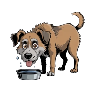 Ilustración de un perro viejo tomando agua de su plato, estilo dibujo animado con fondo transparente. Imagen optimizada para la entrada sobre por qué mi perro viejo toma mucha agua.
