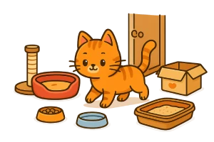 Ilustración de un gato entrando a una habitación adaptada para su llegada, con cama, arenero, juguetes y comida. Imagen representativa para guías de preparación del hogar para gatos.