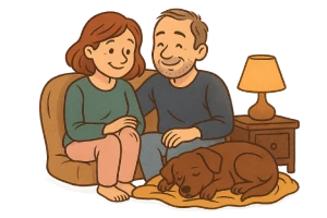 : Ilustración de un perro adoptado durmiendo tranquilo en una cama junto a sus nuevos dueños durante la noche. Imagen representativa de la primera noche de un perro adoptado