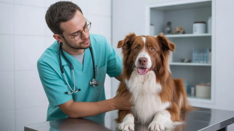Perro en revisión veterinaria mostrando salud y cuidados